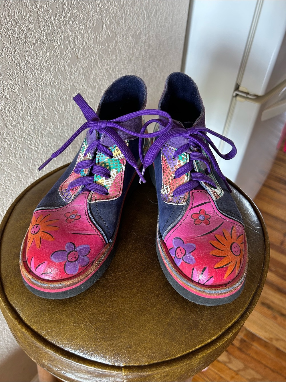Hand-Painted Floral Leather Lace-Up Shoes in Pink & Purple